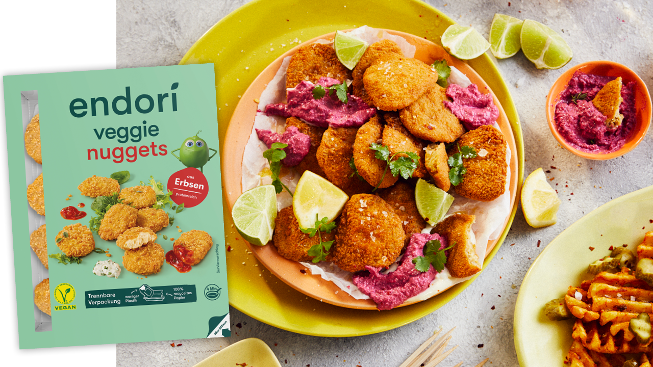 Produktansicht endori veggie nuggets und gekochtes Gericht Produktansicht endori veggie nuggets und gekochtes Gericht
